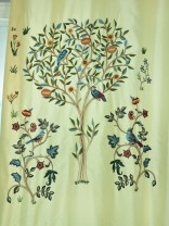 Franklin Beige & Blue Embroidered Bird Tree Faux Silk Custom Made Curtains