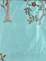 Franklin Beige & Blue Embroidered Bird Tree Faux Silk Fabric Samples