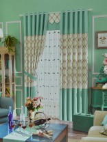 Isabel Embroidered Plaid Stitching Custom Made Curtains (Color: Celadon Green)