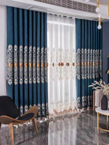 Hebe European Floral Luxury Damask Embroidered Blue Grey Velvet Custom Made Curtains