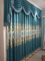 QYC125HA Hebe European Floral Luxury Damask New Chenille Embroidered Blue Ready Made Eyelet Curtains