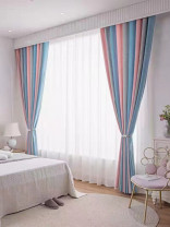 QYFL224C On Sales Petrel Pink Blue Grey Stripe Chenille Custom Made Curtains(Color: Pink Blue)