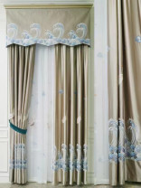 QYHL225B Silver Beach Embroidered Chinese Crane In The Cloud Faux Silk Custom Made Curtains