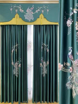 QYHL225CA Silver Beach Embroidered Colorful Peacock Faux Silk Pleated Ready Made Curtains