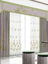 QYHL225GD Silver Beach Embroidered Chinese Lucky Bamboo Faux Silk Flat Ready Made Curtains