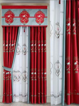 QYHL225P Silver Beach Embroidered Lotus Red Faux Silk Custom Made Curtains