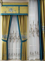QYHL225TA Silver Beach Embroidered Blooming Flowers Blue Yellow Pleated Ready Made Curtains