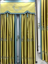 QYHL225U Silver Beach Embroidered Green Pines Champagne Blue Faux Silk Custom Made Curtains