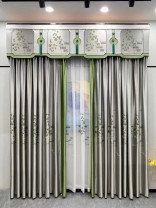 QYHL225V Silver Beach Embroidered Chinese Green Pine Faux Silk Custom Made Curtains
