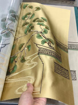 QYHL225VS Silver Beach Embroidered Chinese Green Pine Faux Silk Fabric Samples