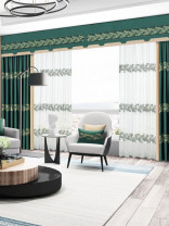 QYHL226CA Silver Beach Embroidered Green Beige Faux Silk Pleated Ready Made Curtains For Living Room