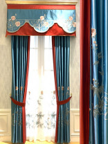 QYHL226H Blue Khaki Embroidered Peony Faux Silk Blockout Curtains For Living Rooms Customize
