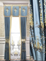 QYHL226KA Silver Beach Embroidered Leaves Faux Silk Blockout Pinch Pleat Ready Made Curtains