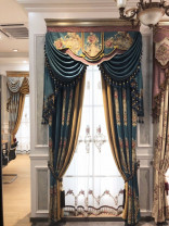 Twynam Blue Gold Waterfall and Swag Valance and Sheers Custom Made Chenille Velvet Curtains Pair