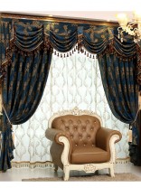 On sales!!! Baltic Jacquard Blue Coffee Brown color Floral Waterfall and Swag Valance and Sheers and Chenille Velvet Curtains Pair