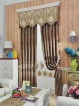Baltic Embroidered Floral Brown Color Banner Flat Valance and Curtains