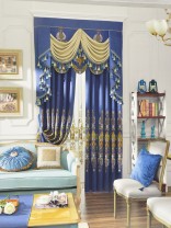 Available!!! Baltic Embroidered Dark Cerulean Waterfall and Swag Valance and Curtain Pair