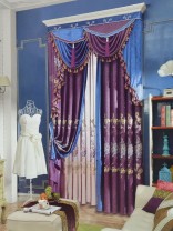 Baltic Embroidered Purple Waterfall and Swag Valance and Stitching Style Curtains