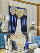 Baltic Embroidered Blue Banner and Waterfall Valance and Curtains