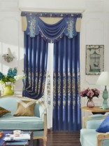 Baltic Embroidered Dark Cerulean Flat and Waterfall Valance and Curtains