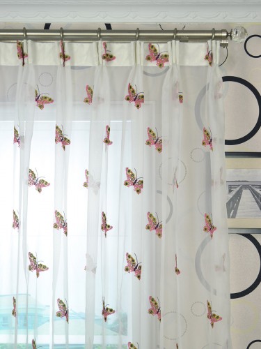 Whitehaven Ivory and Red Butterfly Embroidered Custom Made Sheer Curtain (Heading: Versatile Pleat)