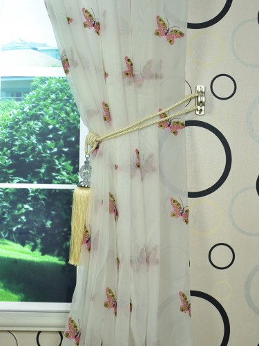 Whitehaven Ivory and Red Butterfly Embroidered Custom Made Sheer Curtain (Color: Neon Fuchsia)