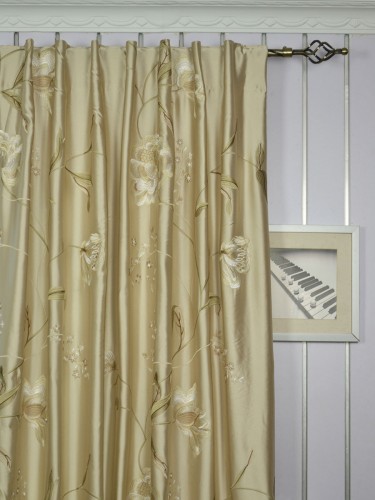 Franklin Deep Champagne Embroidered Floral Eyelet Faux Silk Curtains Ready Made Heading Style
