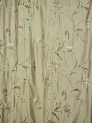 Franklin Deep Champagne Embroidered Floral Eyelet Faux Silk Curtains Ready Made (Color: Deep Champagne)