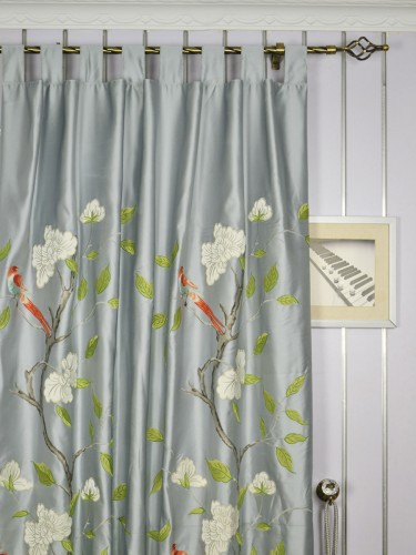 Franklin Gray Embroidered Bird Branch Faux Silk Custom Made Curtains Online (Heading: Tab Top)
