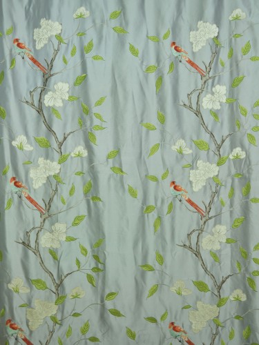 Franklin Gray Embroidered Bird Branch Faux Silk Custom Made Curtains Online (Color: Pale Aqua)