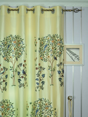 Franklin Beige & Blue Embroidered Bird Tree Faux Silk Custom Made Curtains (Heading: Eyelet)