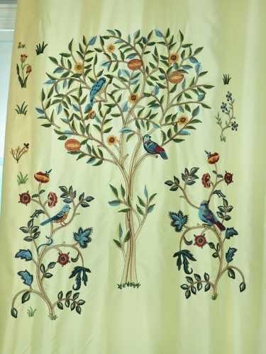 Franklin Beige & Blue Embroidered Bird Tree Faux Silk Custom Made Curtains (Color: Banana Mania)