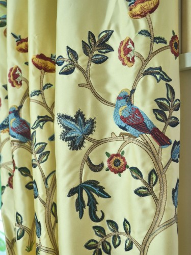 Franklin Beige & Blue Embroidered Bird Tree Faux Silk Fabric Samples Fabric Details