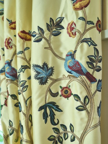 Franklin Beige & Blue Embroidered Bird Tree Faux Silk Custom Made Curtains Fabric Details