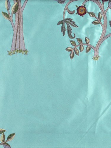 Franklin Beige & Blue Embroidered Bird Tree Faux Silk Custom Made Curtains (Color: Pale Turquoise)