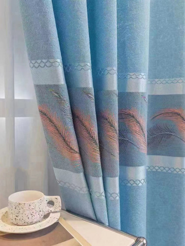 QY24H03AD Murrumbidgee Pretty Jacquard Feather Blue Grey Pink Chenille Eyelet Ready Made Curtains