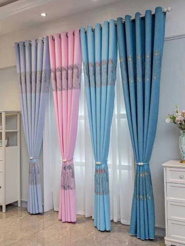 QY24H03BD Murrumbidgee Pretty Jacquard Flowers Blue Grey Pink Chenille Eyelet Ready Made Curtains