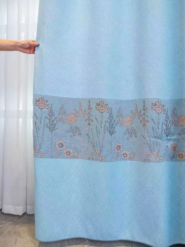 QY24H03BD Murrumbidgee Pretty Jacquard Flowers Blue Grey Pink Chenille Eyelet Ready Made Curtains(Color: Light blue)