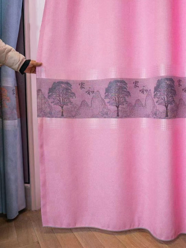QY24H03C Murrumbidgee Pretty Jacquard Trees Blue Grey Pink Chenille Custom Made Curtains(Color: Pink)