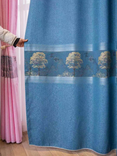 QY24H03BD Murrumbidgee Pretty Jacquard Trees Blue Grey Pink Chenille Eyelet Ready Made Curtains(Color: Blue)