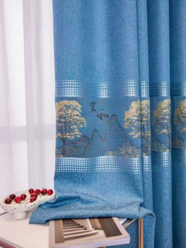 QY24H03C Murrumbidgee Pretty Jacquard Trees Blue Grey Pink Chenille Custom Made Curtains(Color: Blue)