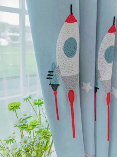 QY24H06ED Murrumbidgee High Quality Fashion Children Chenille Embroidered Cute Astronaut Blue Eyelet Rod Pocket Ready Made Curtains