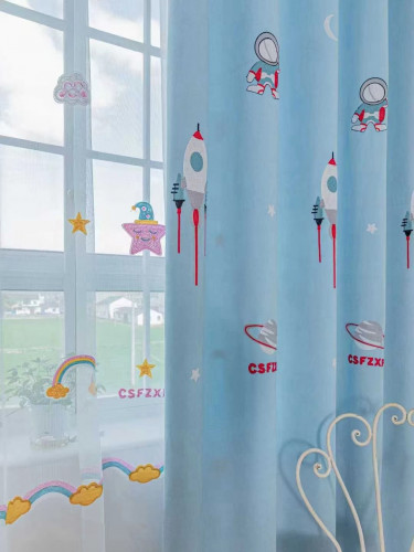 QY24H06ED Murrumbidgee High Quality Fashion Children Chenille Embroidered Cute Astronaut Blue Eyelet Rod Pocket Ready Made Curtains