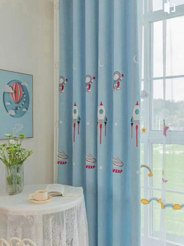 QY24H06ED Murrumbidgee High Quality Fashion Children Chenille Embroidered Cute Astronaut Blue Eyelet Rod Pocket Ready Made Curtains