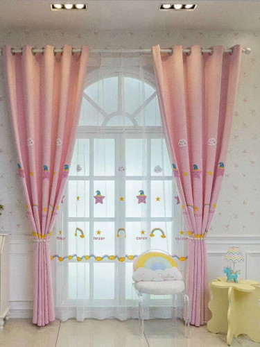 QY24H06F Murrumbidgee High Quality Children Chenille Embroidered Cute Pink Stars Custom Made Curtains | Cheery Curtains