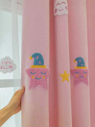 QY24H06F Murrumbidgee High Quality Children Chenille Embroidered Cute Pink Stars Custom Made Curtains | Cheery Curtains