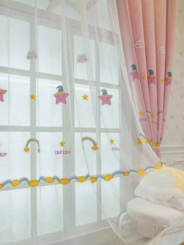 QY24H06FD Murrumbidgee High Quality Children Chenille Embroidered Cute Pink Stars Eyelet Tab Top Ready Made Curtains