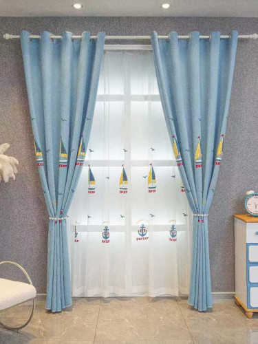 QY24H06G Murrumbidgee High Quality Children Chenille Embroidered Blue Sailboats Custom Made Curtains