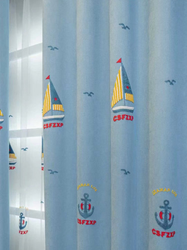 QY24H06G Murrumbidgee High Quality Children Chenille Embroidered Blue Sailboats Custom Made Curtains