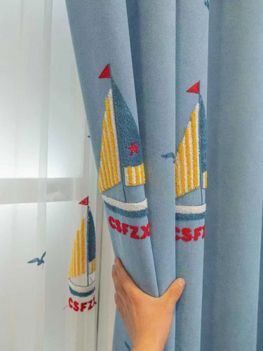 QY24H06G Murrumbidgee High Quality Children Chenille Embroidered Blue Sailboats Custom Made Curtains